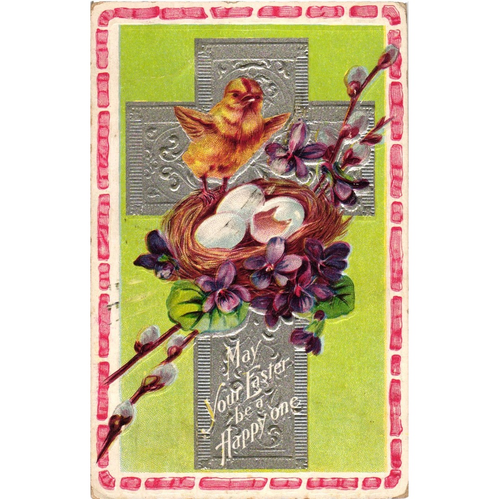 Antique Easter Postcard Chick Eggs Nest Violets Silver Cross Embossed 1912